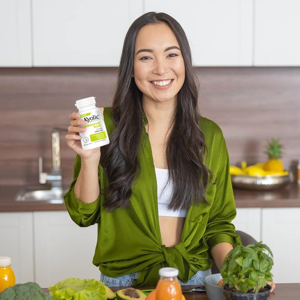 Kyolic bottle in a kitchen setting suggesting a simple daily routine.