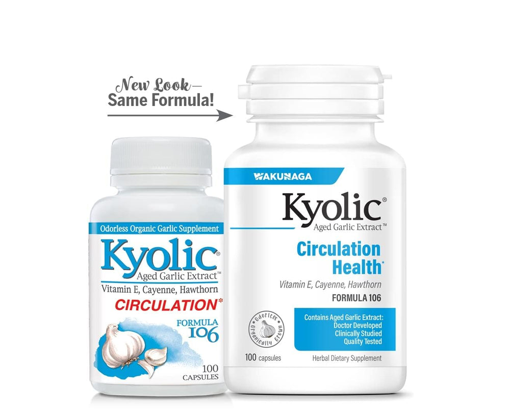 Kyolic bottle label highlights heart health and circulation support
