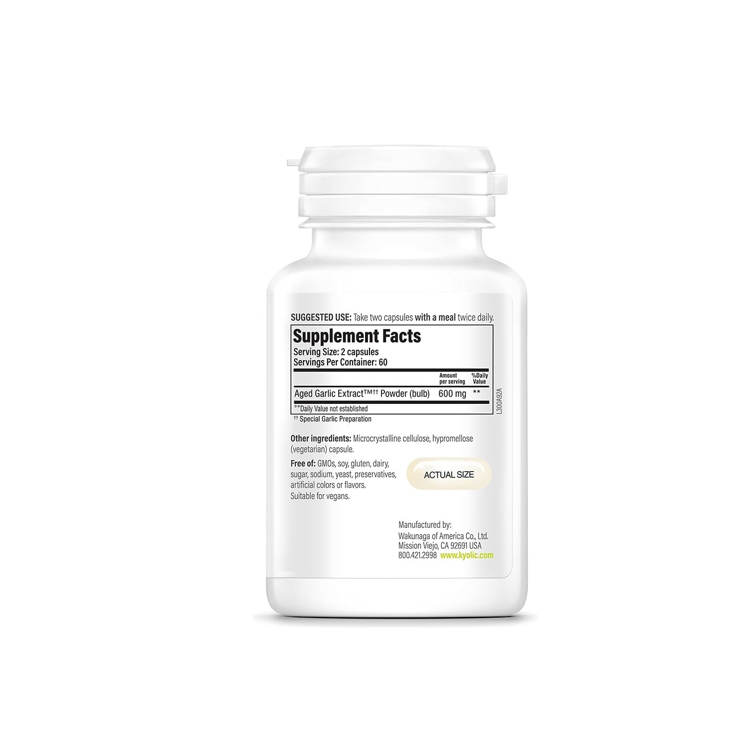 Kyolic Aged Garlic Extract Formula 300 bottle side view emphasizing ease of swallowing in daily use.