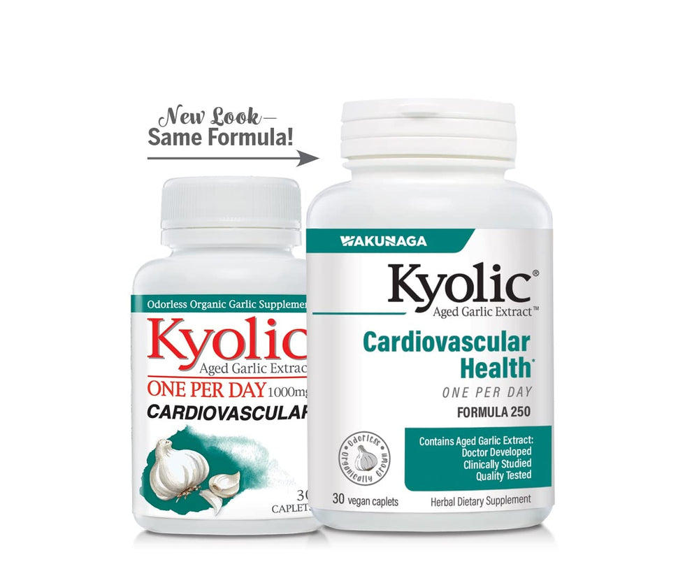 Wakunaga Kyolic brand packaging with capsule bottle on a clean countertop.