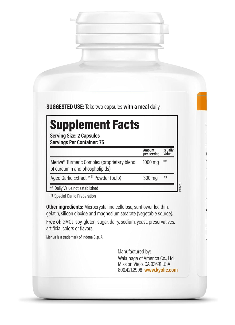 Kyolic Cur cumin capsules with Meriva blend for enhanced absorption.