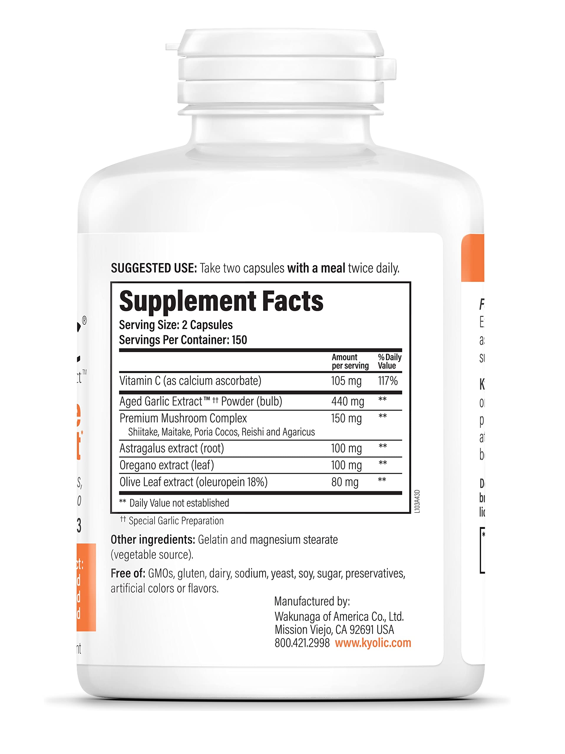 Kyolic Formula 103 ingredients showing mushroom complex and astragalus.