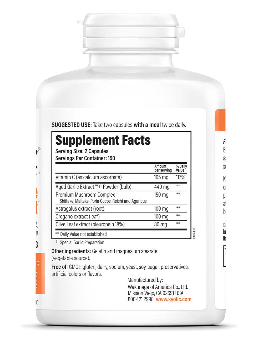 Kyolic Formula 103 ingredients showing mushroom complex and astragalus.