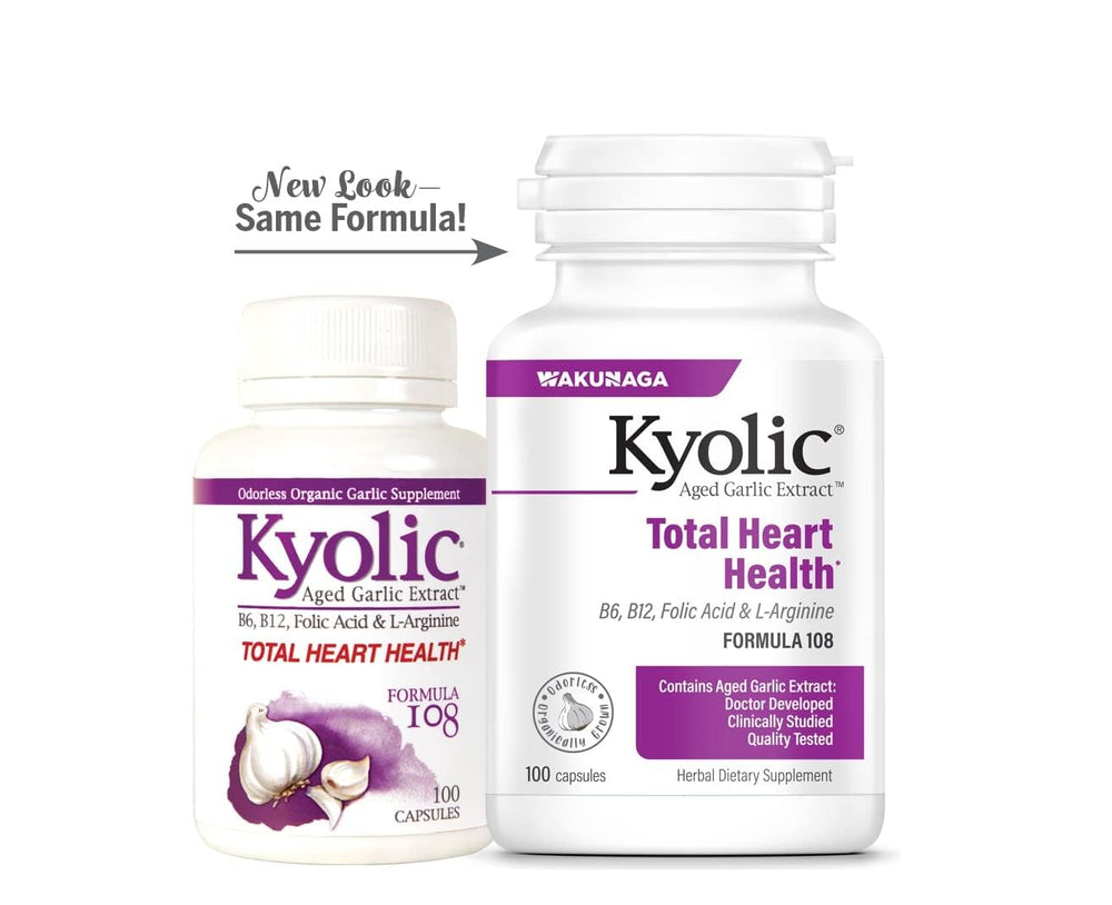 Kyolic Formula 108 bottle on wood surface, suggesting premium, everyday heart health support.
