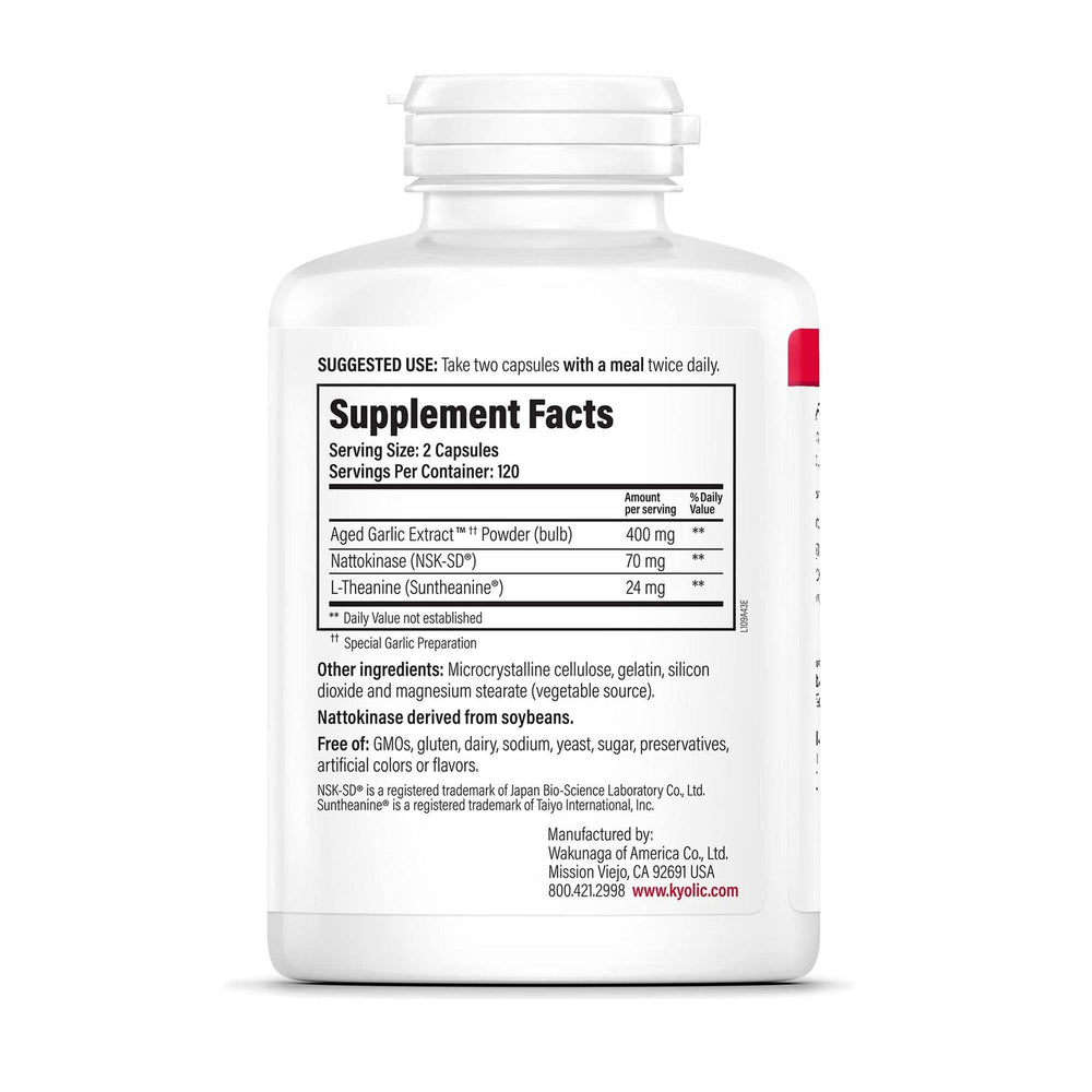 Kyolic Formula 109 capsules closeup highlighting natural Nattokinase and Suntheanine.