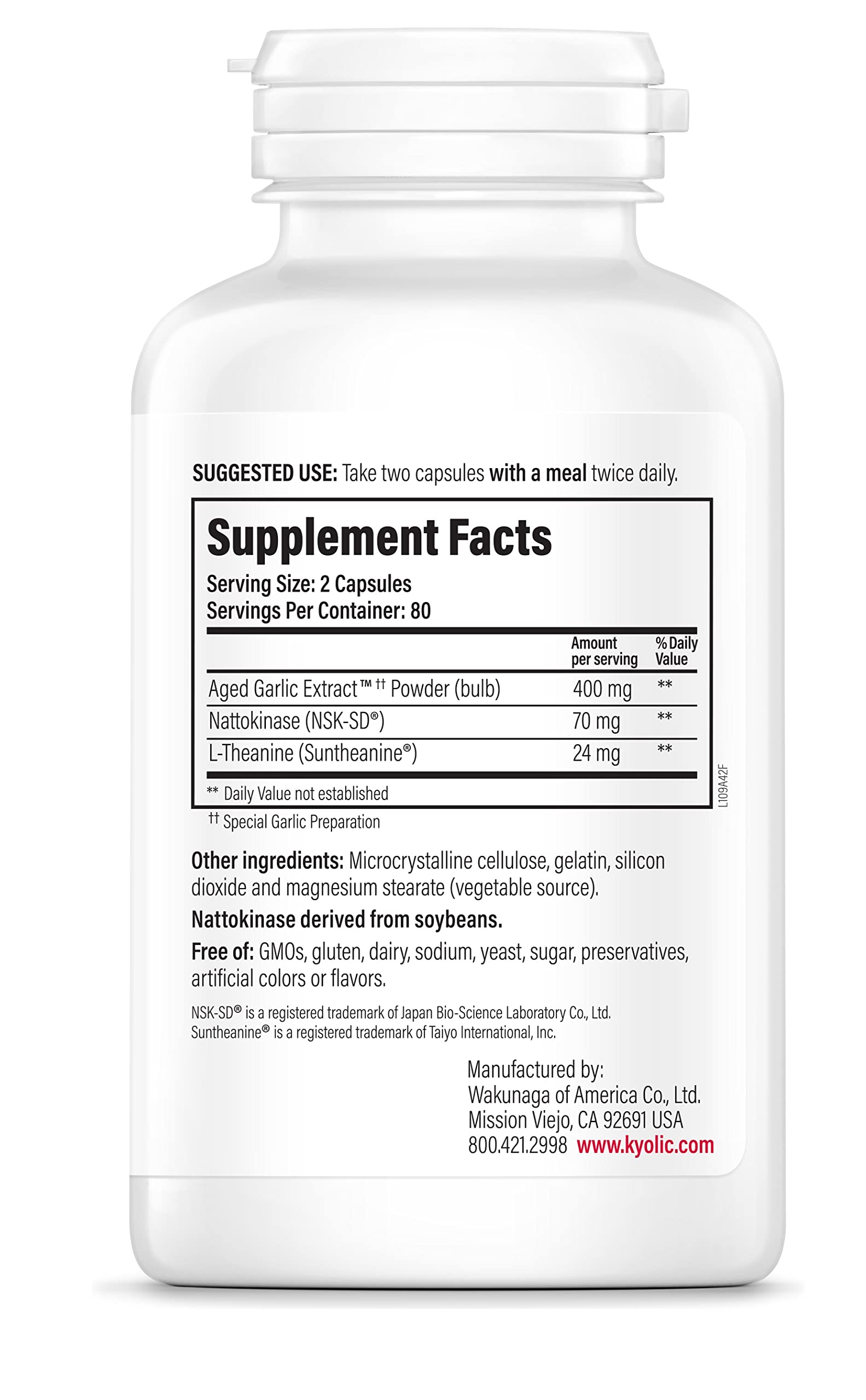 Close-up of Kyolic Formula 109 label highlighting odorless aged garlic