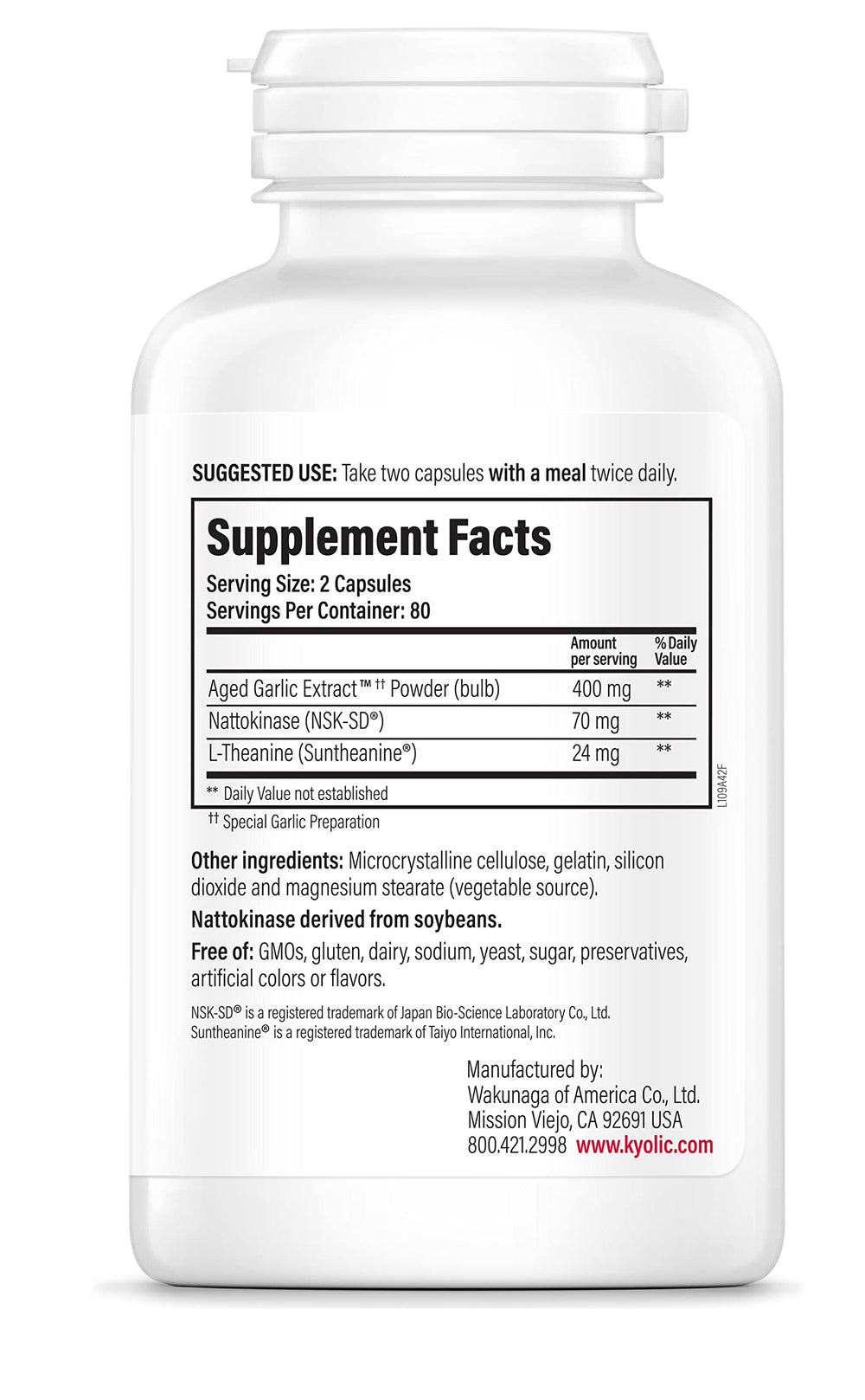 Close-up of Kyolic Formula 109 label highlighting odorless aged garlic