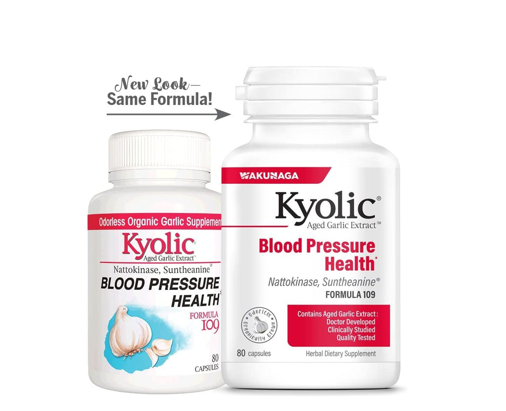 Kyolic packaging box for Formula 109 emphasizes organic, non-GMO garlic.