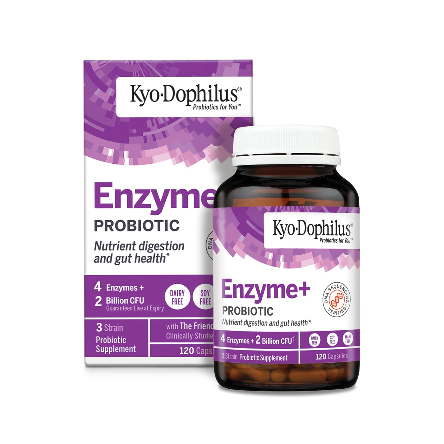 Kyolic Kyo-Dophilus Enzymes+ bottle with capsules for digestive support and nutrient absorption.