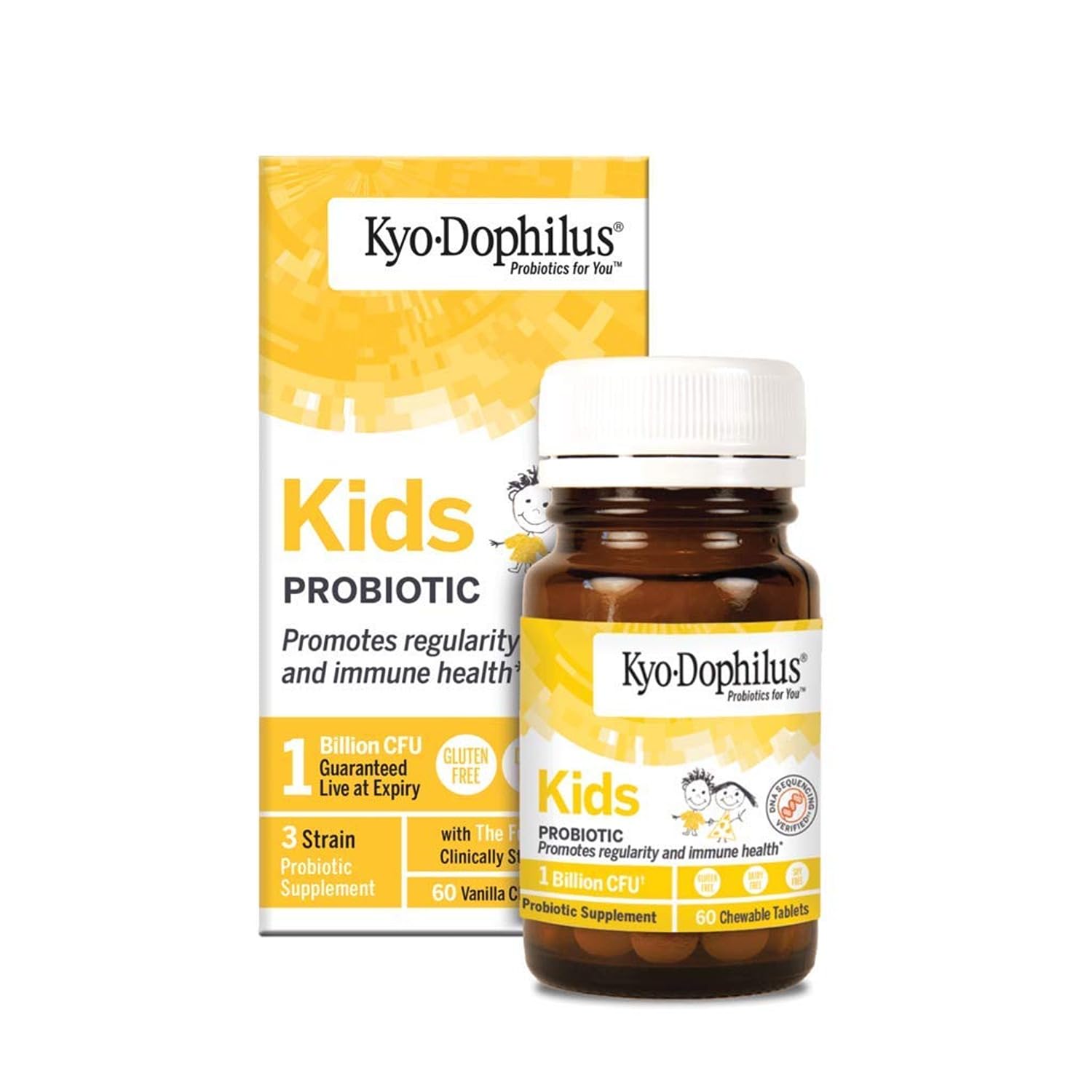 Kyolic Kyo-Dophilus Kids probiotic vanilla chewables promoting daily regularity.