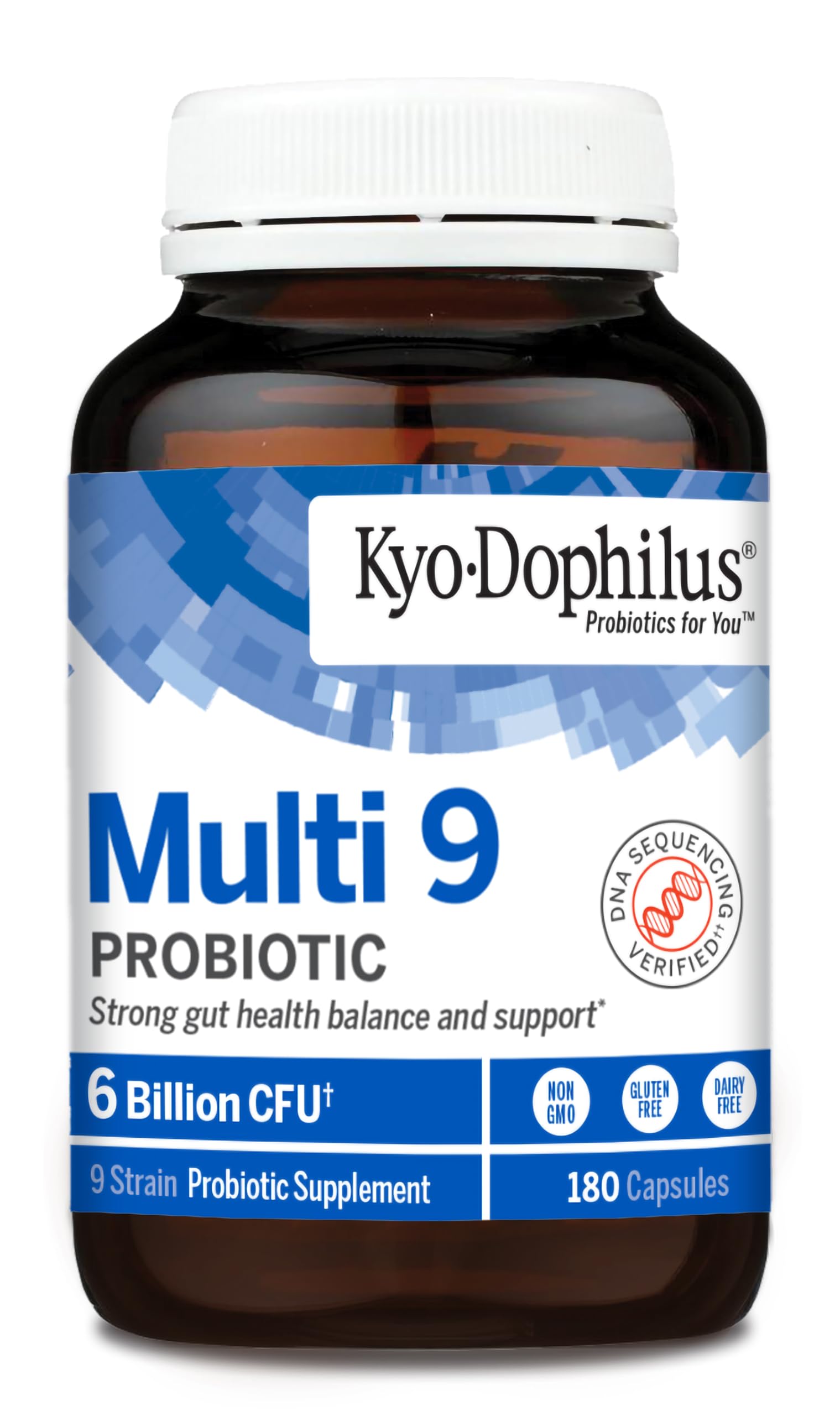 Close-up of Kyolic capsules highlighting the nine-strain formula for healthier digestion.
