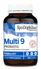 Close-up of Kyolic capsules highlighting the nine-strain formula for healthier digestion.