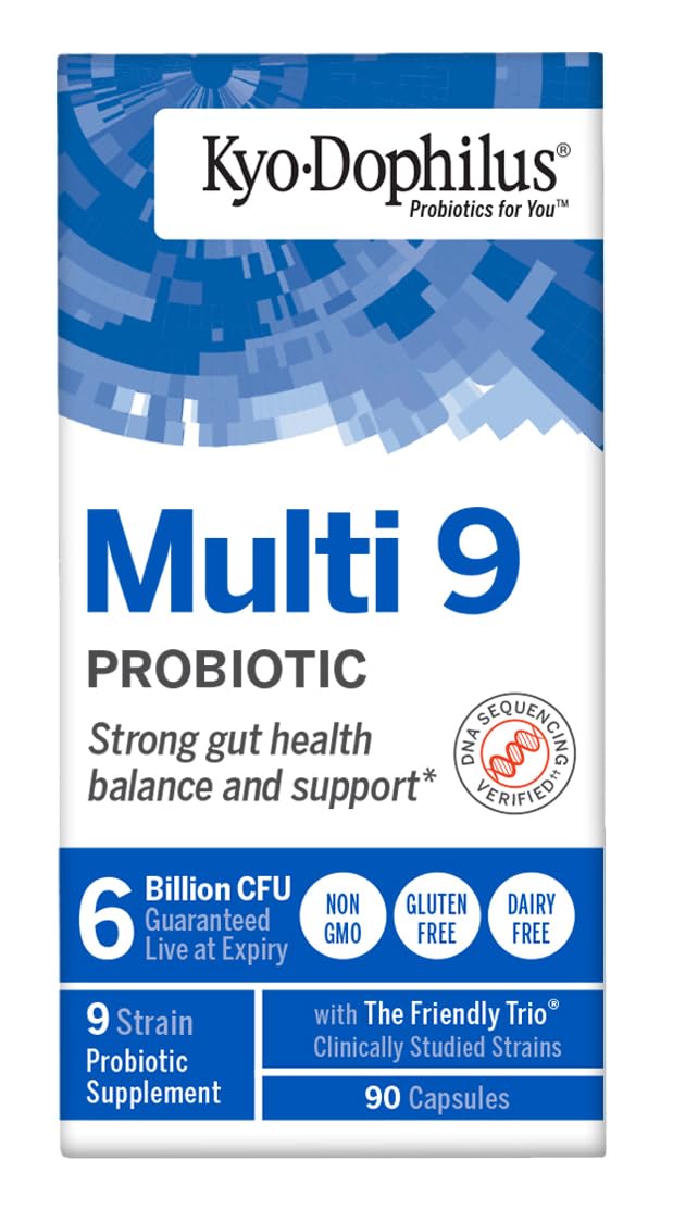 Kyolic Kyo-Dophilus Multi 9 label details highlighting key features.