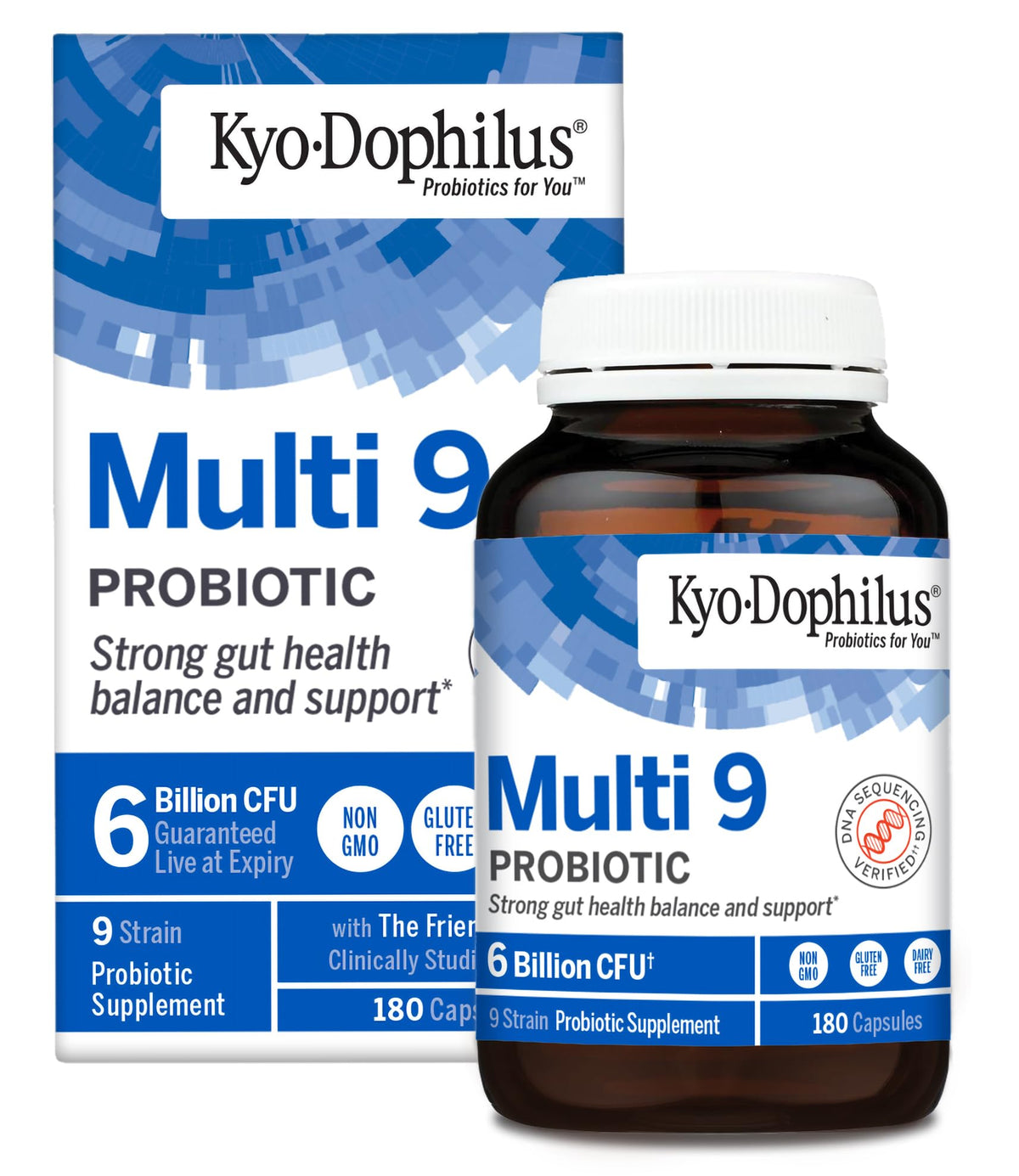 Kyolic Kyo-Dophilus Multi 9 probiotic bottle promoting diverse strains for digestive balance.