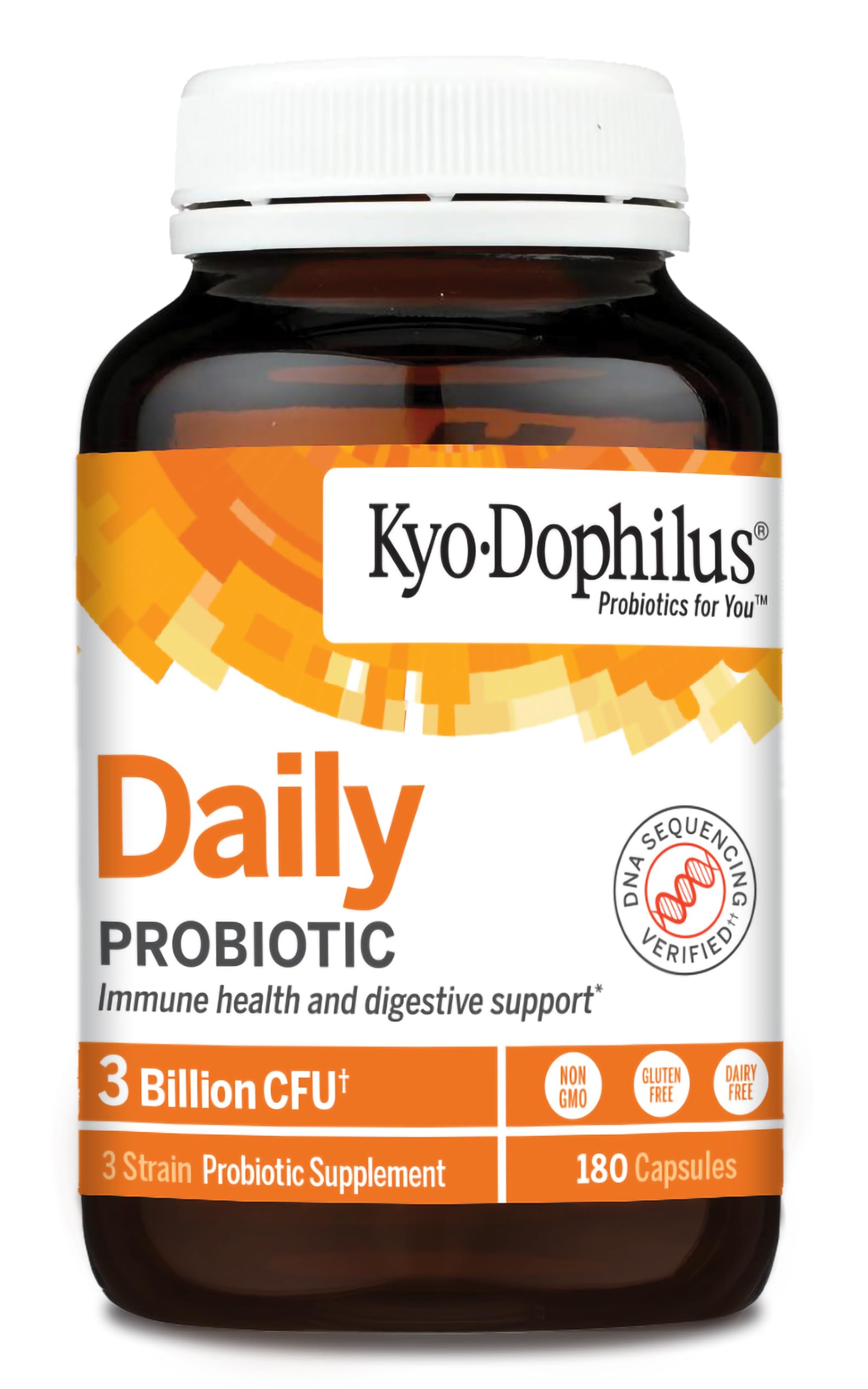 Kyolic Kyo-Dophilus three-strain capsules highlighting gut health and immune function.