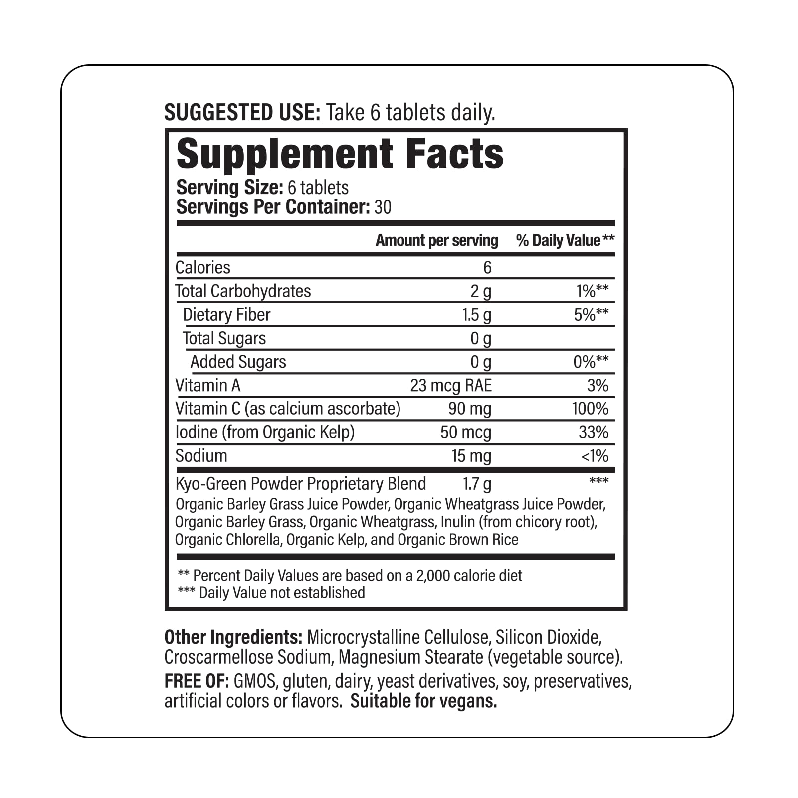 Kyolic Kyo-Green ingredients: barley, wheat, chlorella for balanced nutrition.