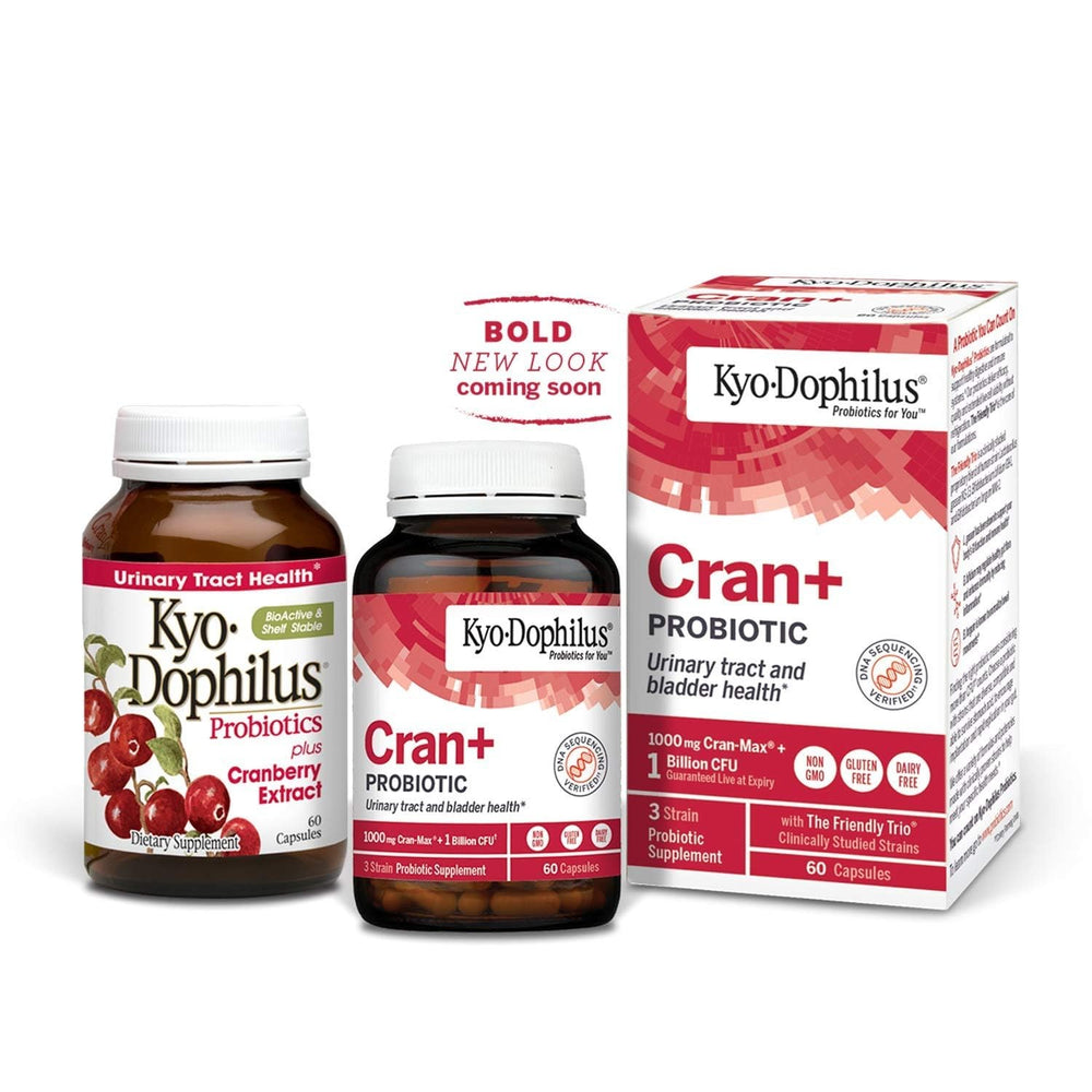 Label close-up showing Cran+ cranberry extract and probiotic blend.