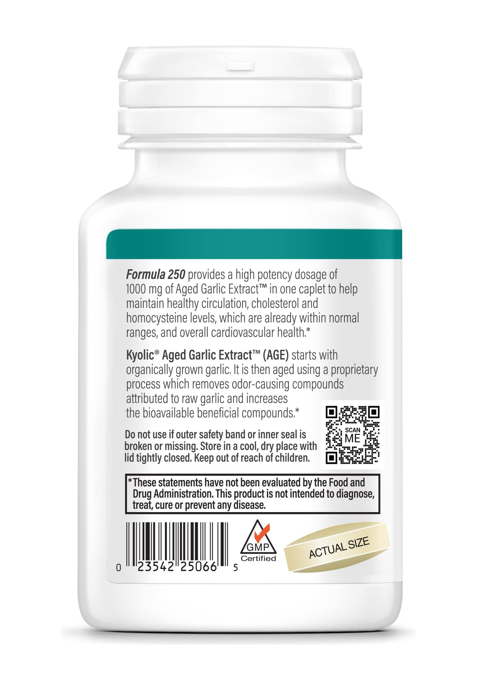 Kyolic organic garlic source label highlights non-GMO, organic origins.