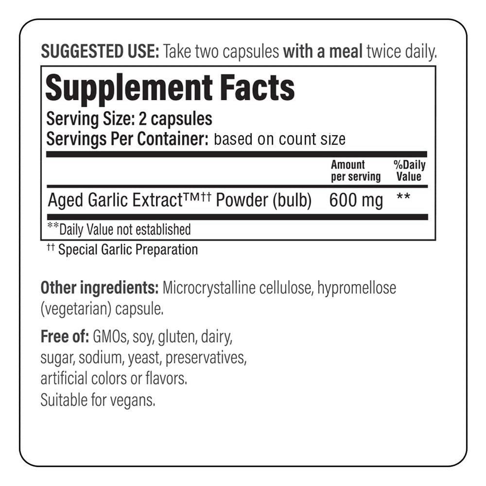 Packaging label of Kyolic Formula 300 highlighting vegan, non-GMO, and organic garlic sources.
