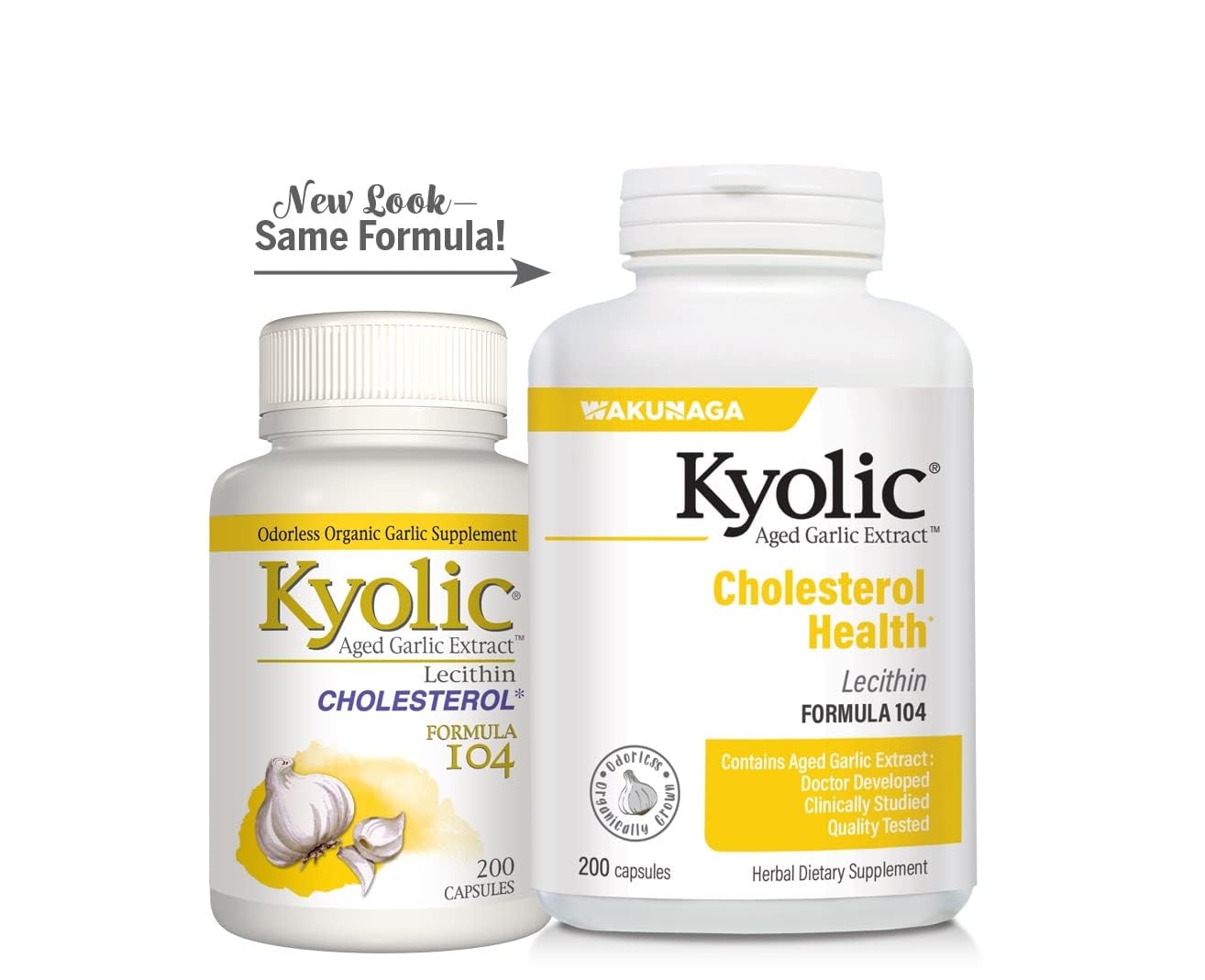 Kyolic organic garlic packaging emphasizing dairy and sodium free