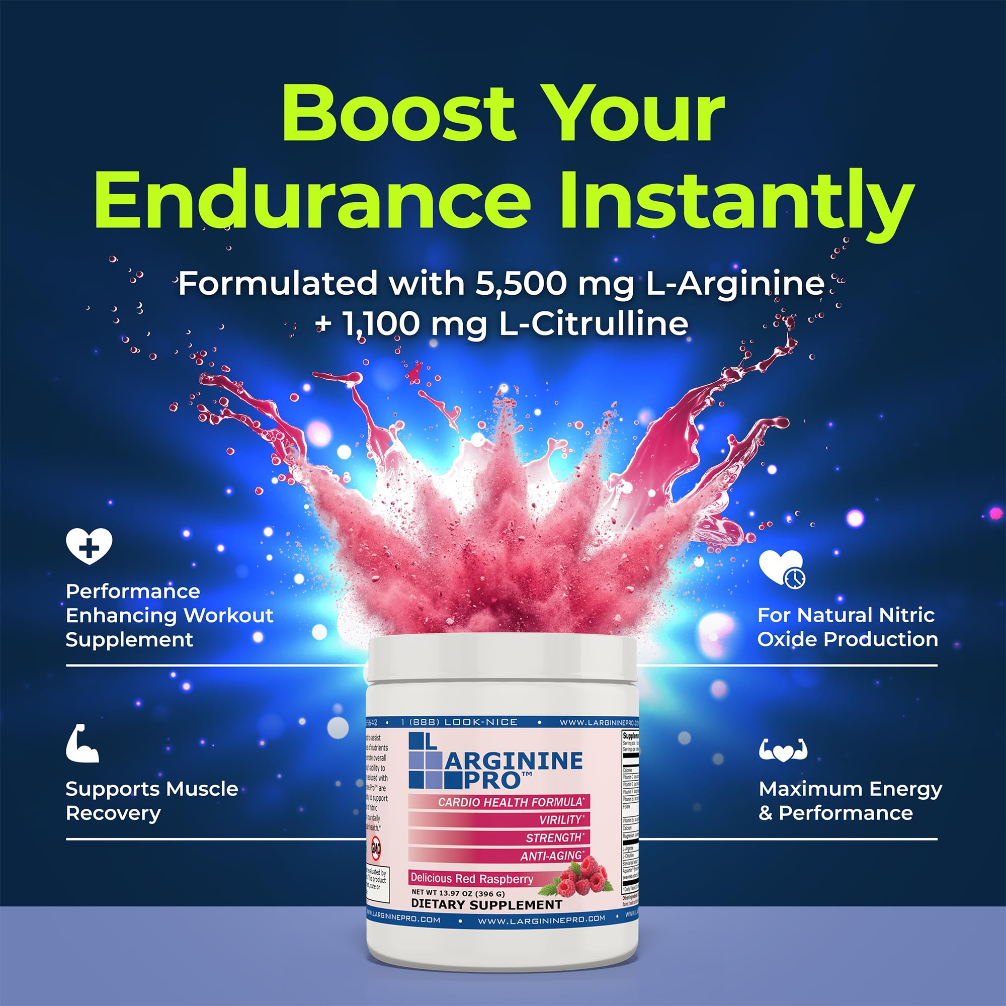 L-ARGININE PRO grapeberry flavor label hints at fruity taste