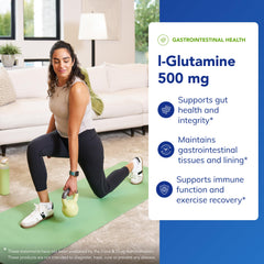 L-Glutamine capsules pour indicating texture and serving size.