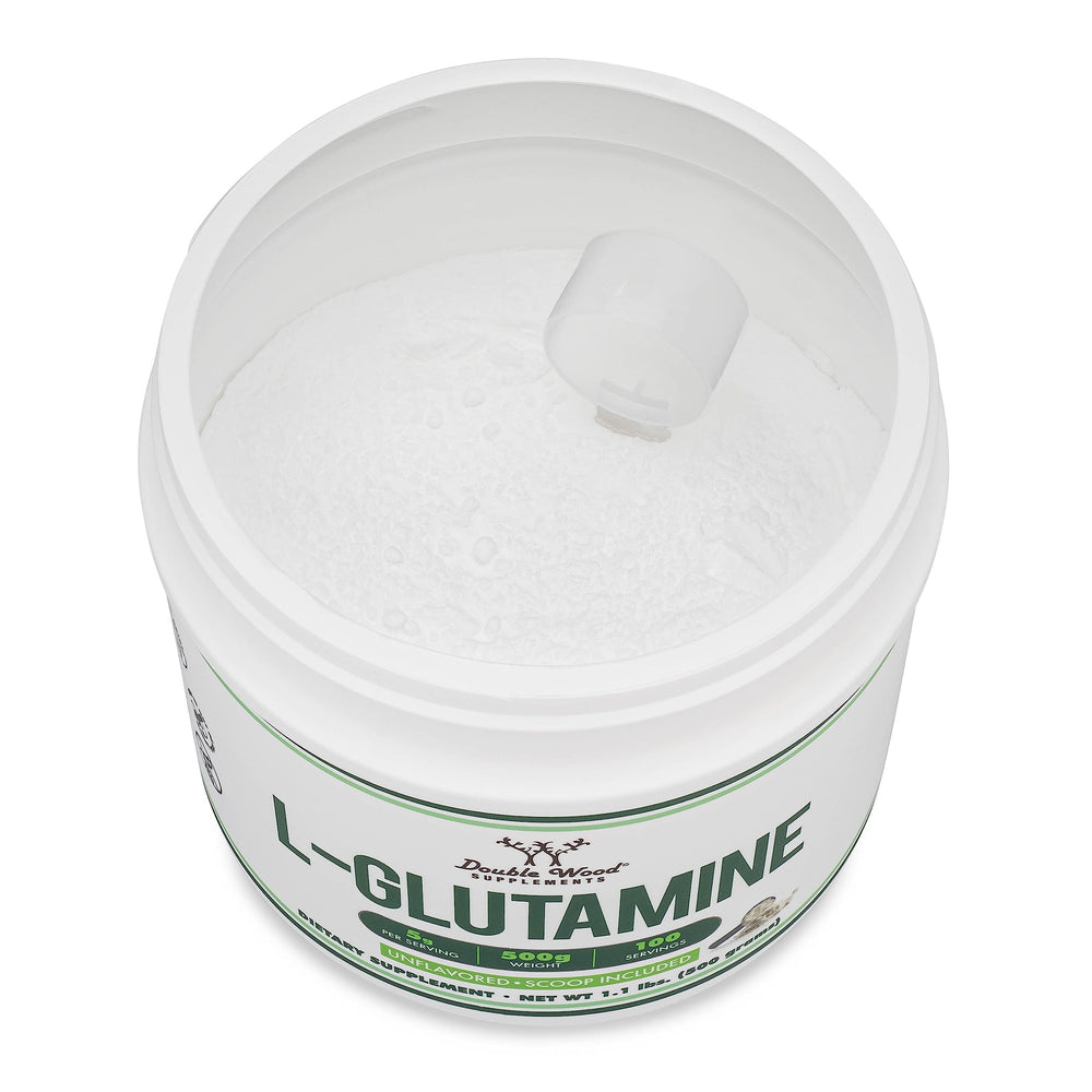 L-Glutamine powder shown in gym bag setup for on-the-go use.