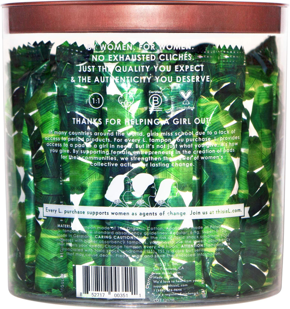 L. organic cotton tampons highlighting natural fibers for comfortable wear.