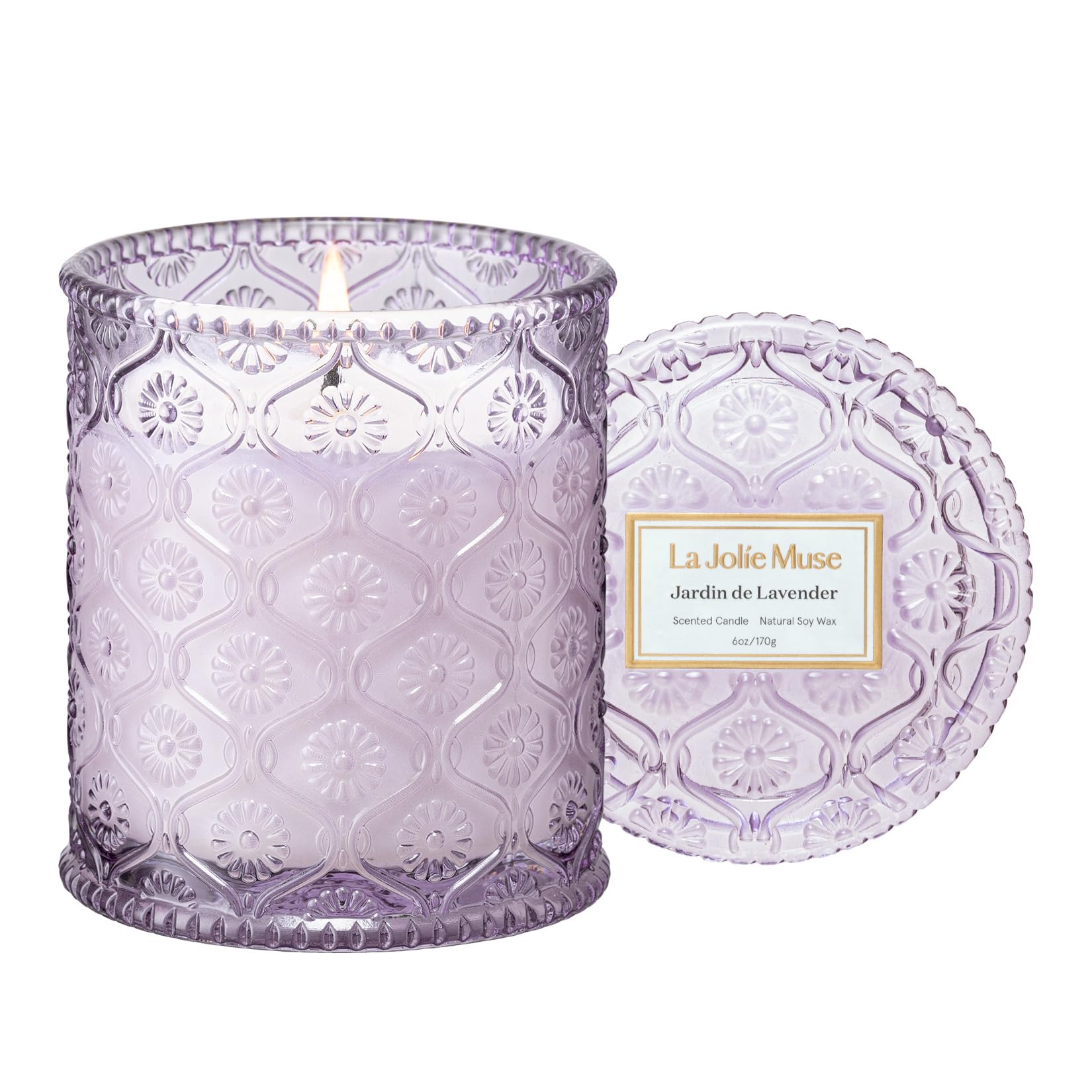 LA JOLIE MUSE Jardin de Lavender candle jar with embossed daisies for elegant decor.