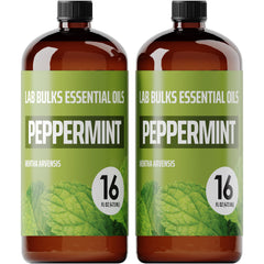 Lab Bulk Peppermint essential oil bottle pour for diffusers and DIY blends.