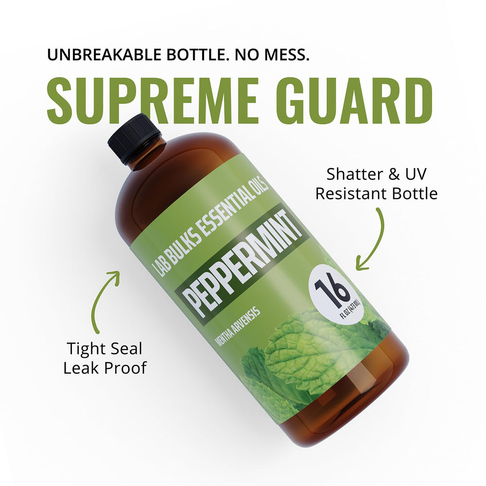 Lab Bulks Peppermint Oil 16 oz bottle for diffusers and baths creates spa like ambiance.