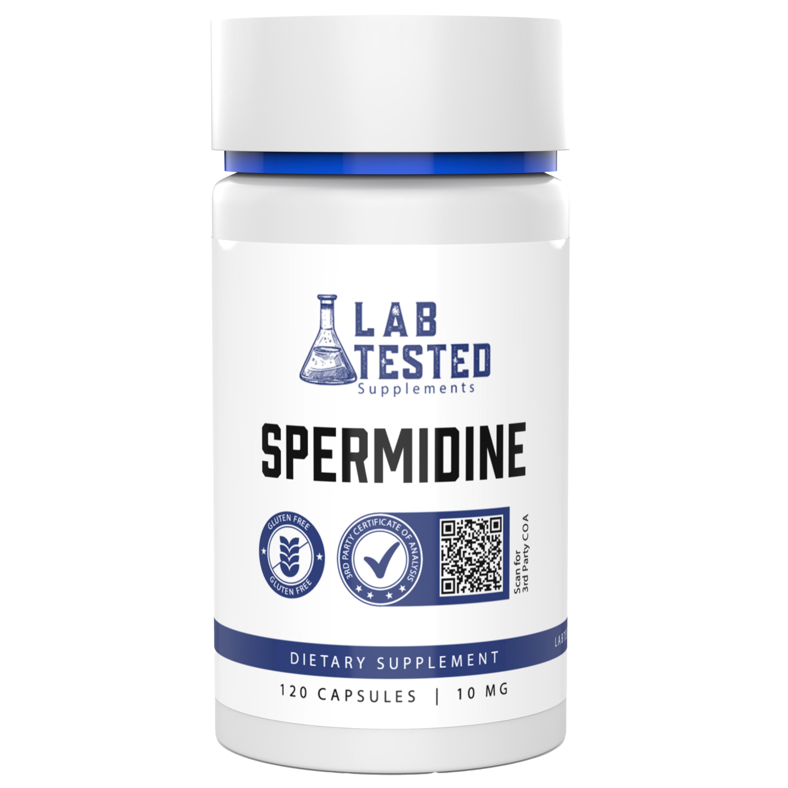 Lab Tested Supplements Spermidine 3HCL capsules in bottle, highlighting quality.