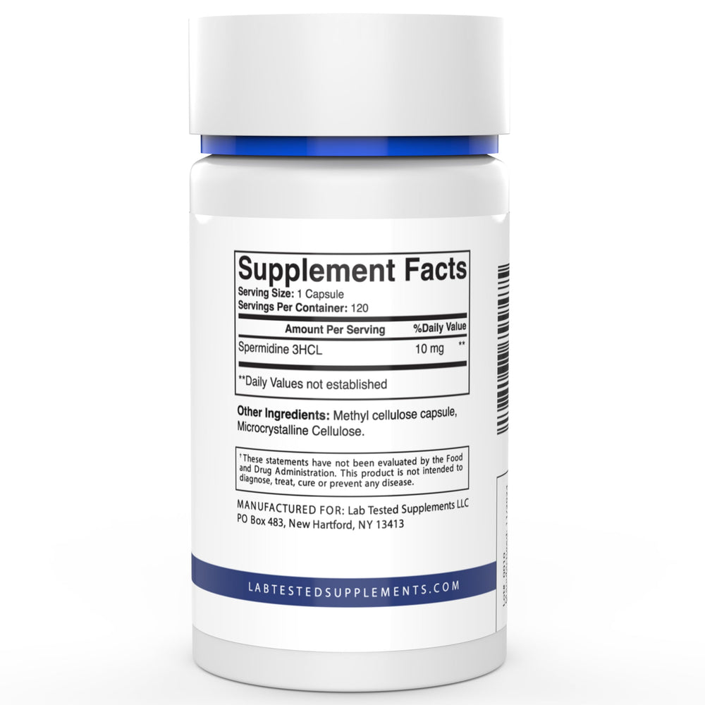 Close-up of Spermidine 3HCL capsules, emphasizing purity and clean formulation.