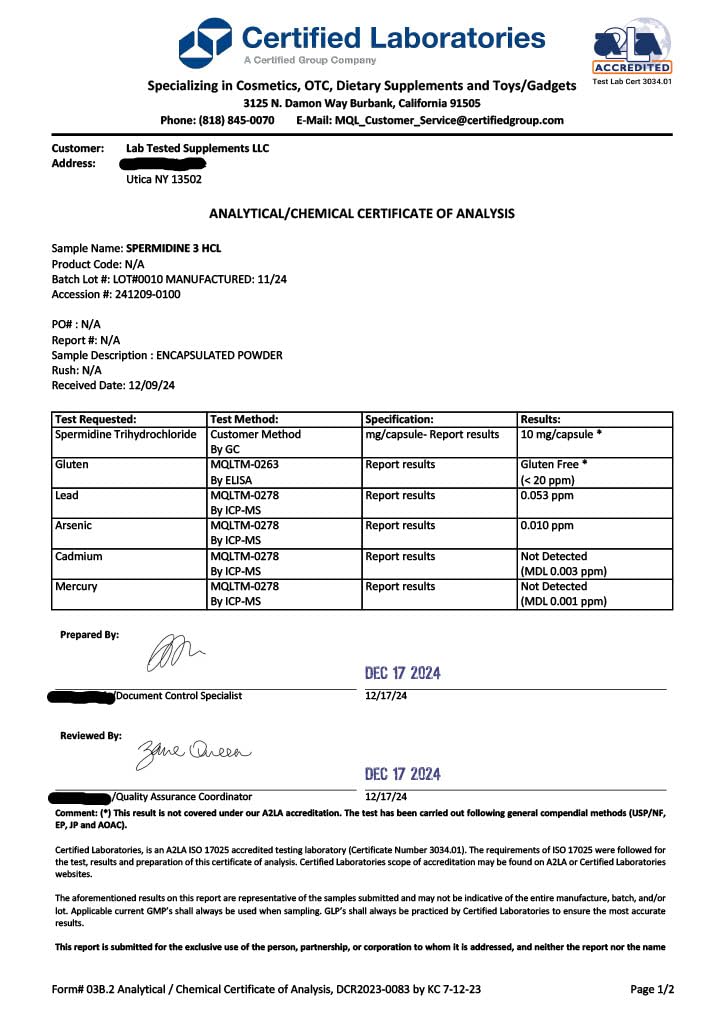 Spermidine 3HCL seal of quality from Lab Tested Supplements.