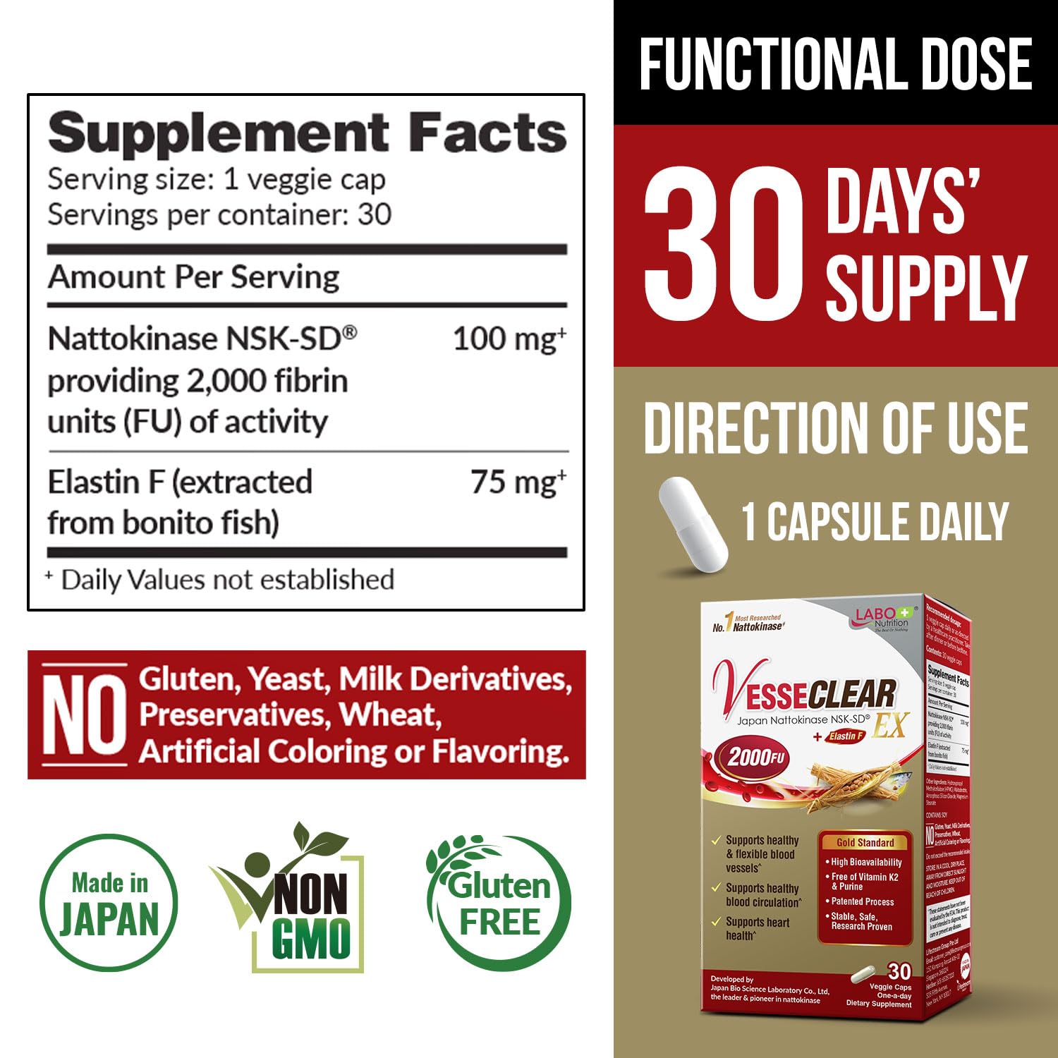 Close-up of LABO Nutrition nattokinase NSK-SD capsules emphasizing purity and bioavailability
