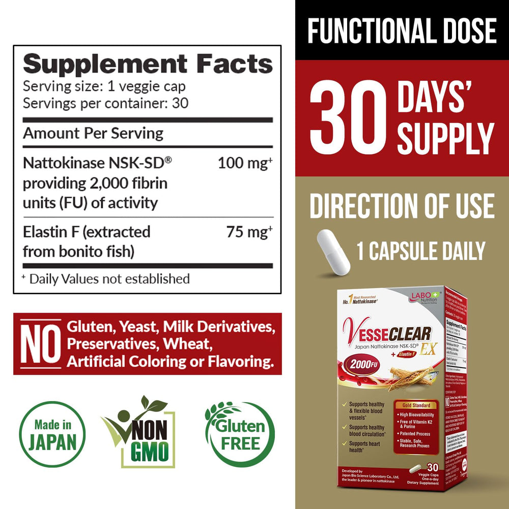 Close-up of LABO Nutrition nattokinase NSK-SD capsules emphasizing purity and bioavailability