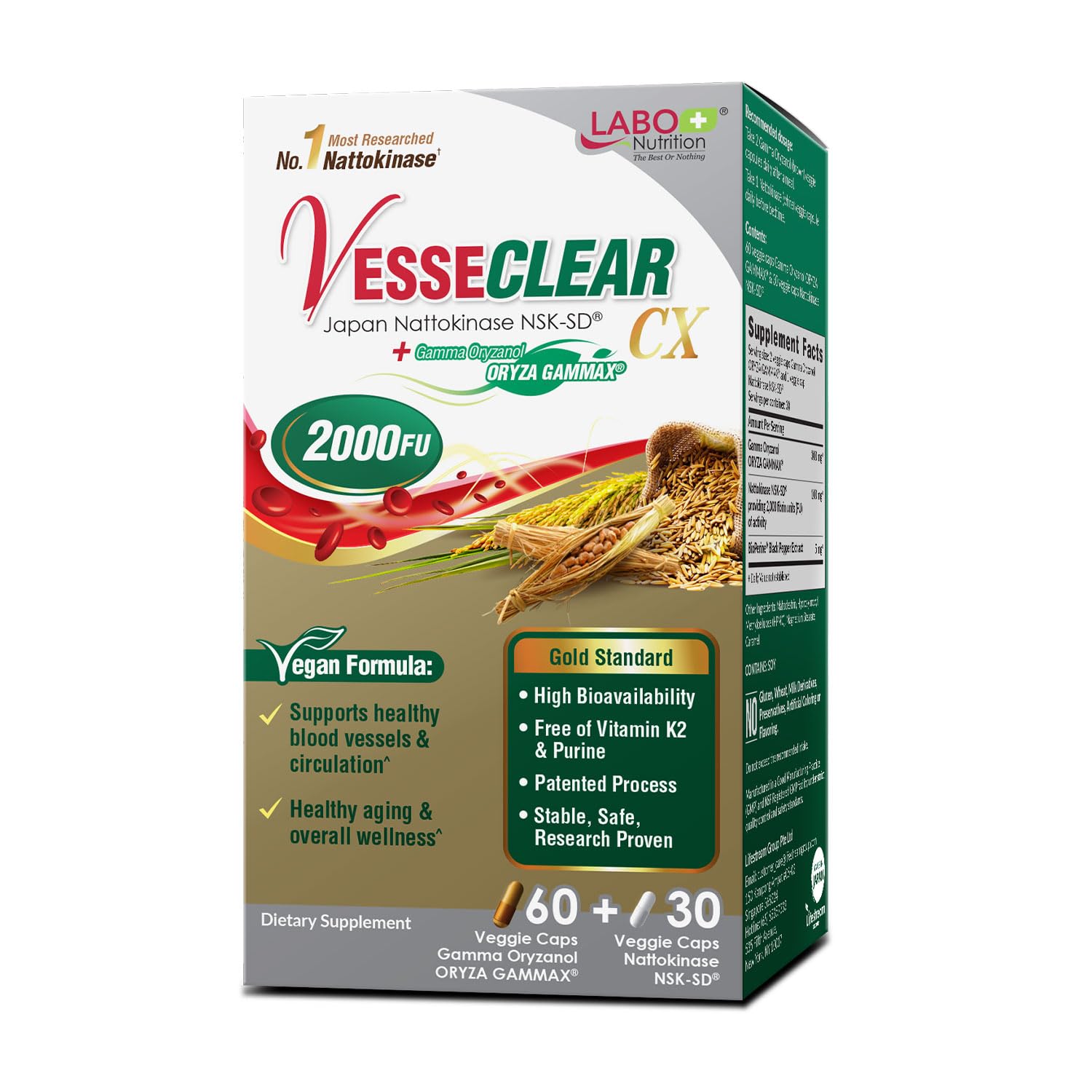 LABO Nutrition VesseCLEAR CX bottle labeled for nattokinase and gamma-oryzanol benefits for circulatory support