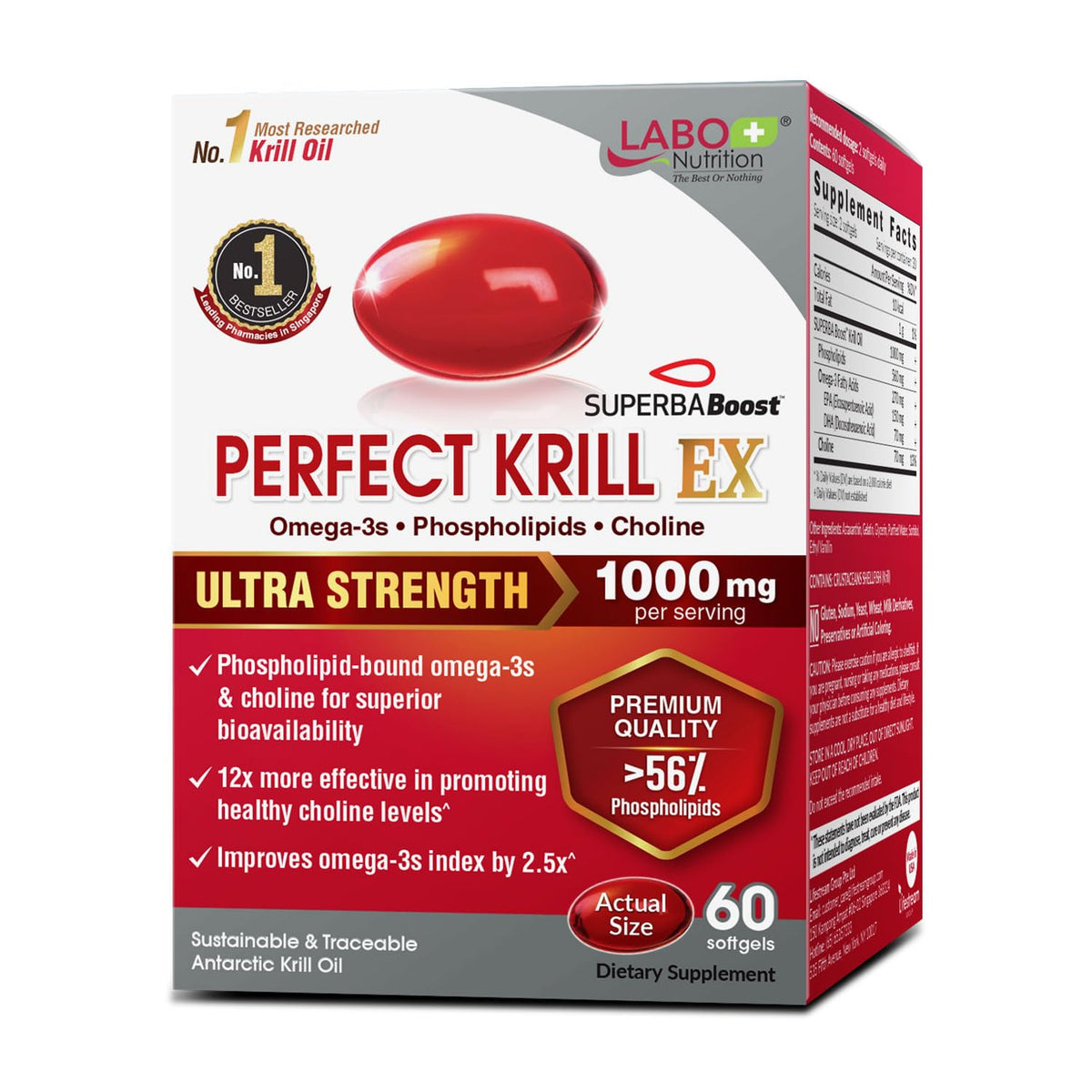 LABO Nutrition Perfect Krill EX bottle front with premium krill oil for heart, brain, and joints.