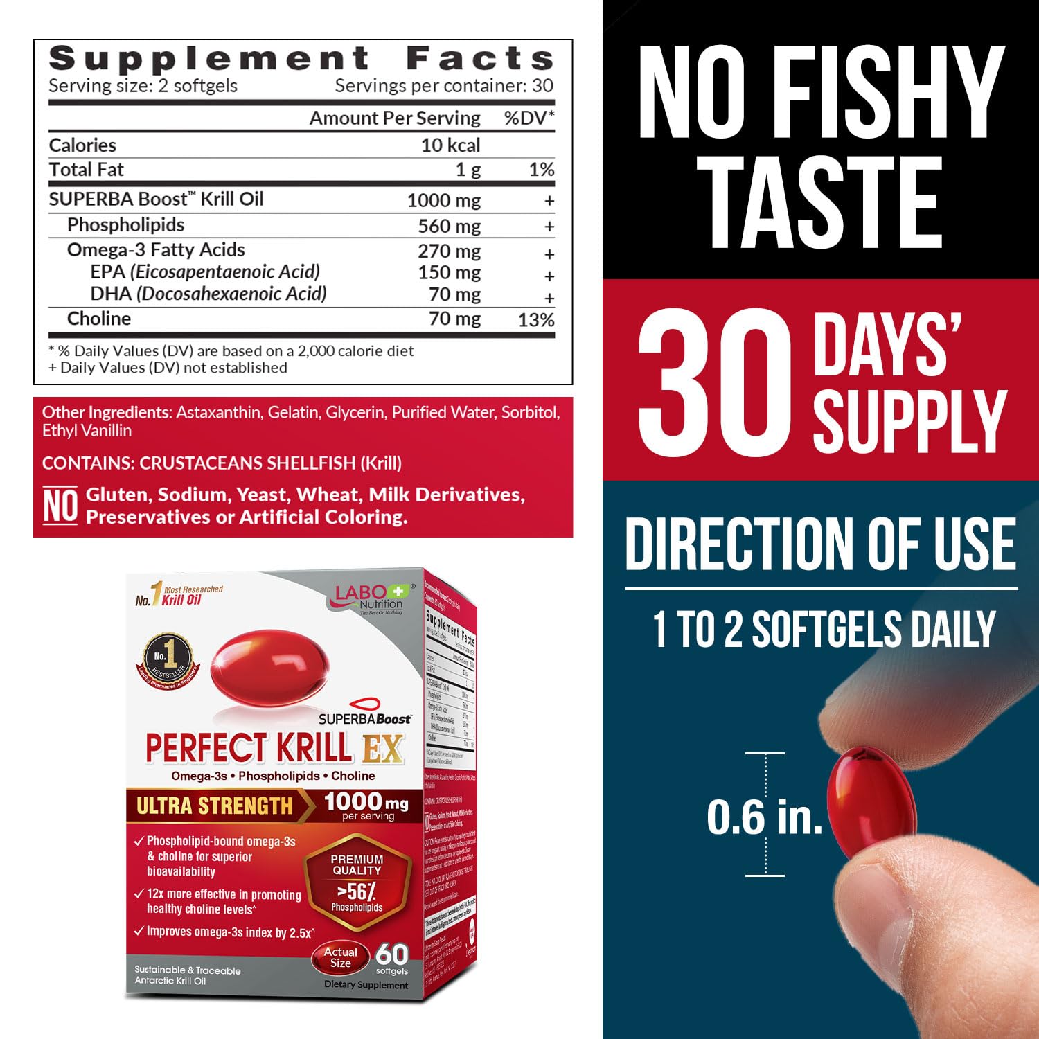 LABO Nutrition Perfect Krill EX softgels close-up, easy-to-swallow capsules.
