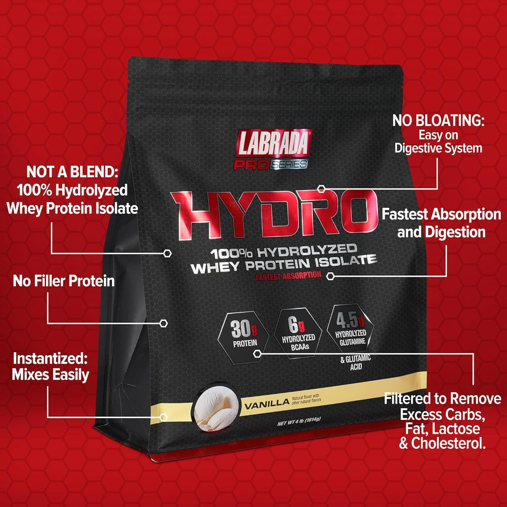 Labrada Hydro vanilla ingredients panel shows 100% hydrolyzed whey isolate quality