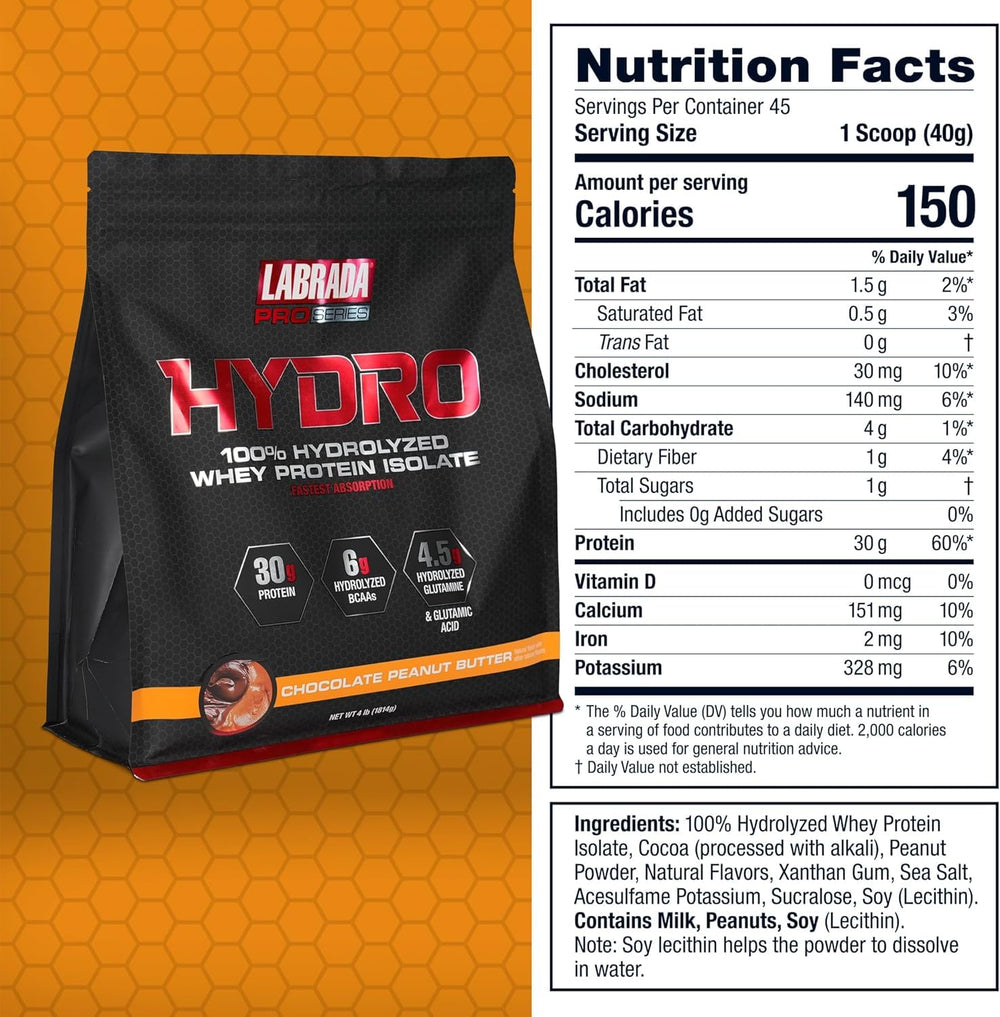 Labrada Hydro label closeup shows transparent ingredients and lactose-free formula