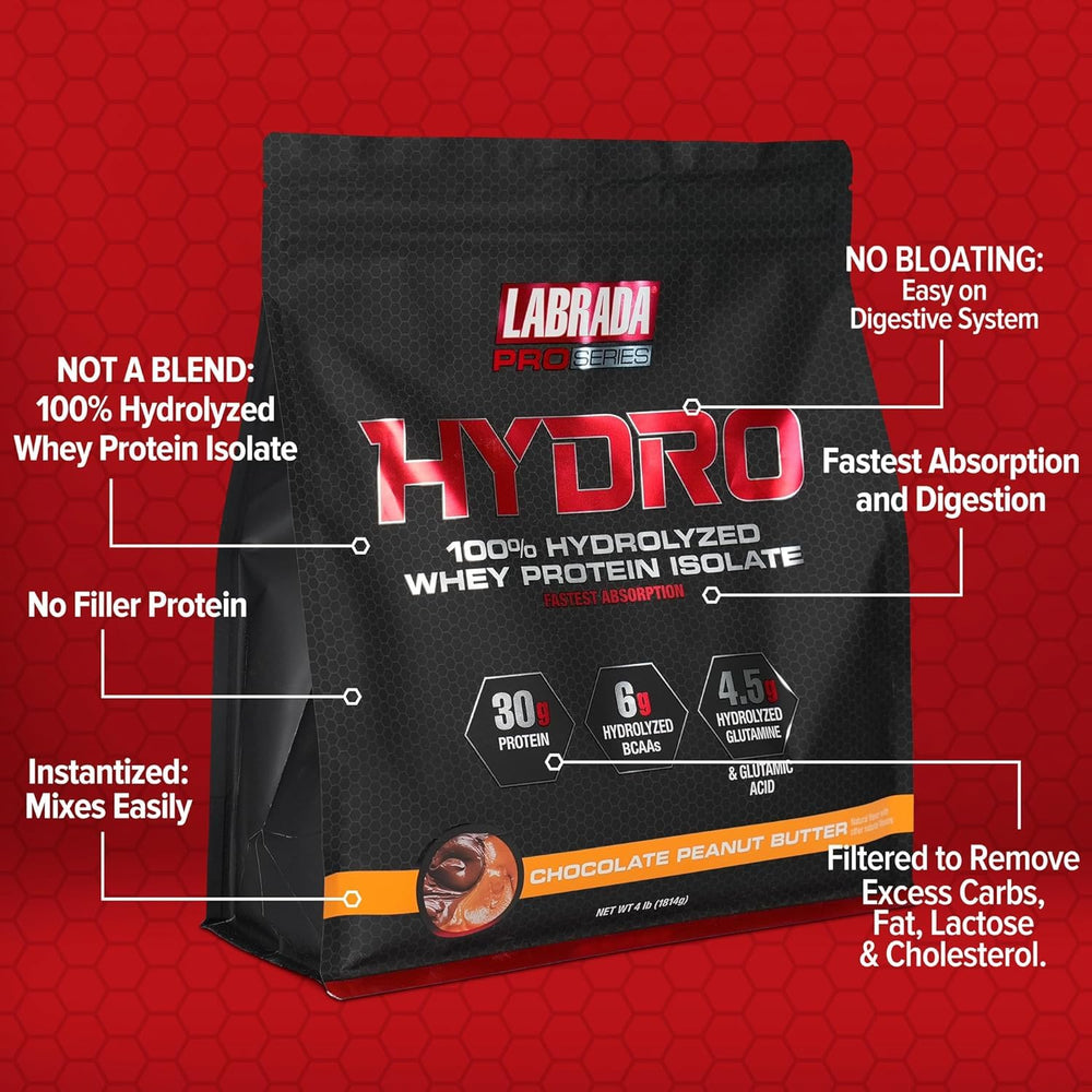 Labrada Hydro whey tub front presents compact 45-serving packaging for easy storage