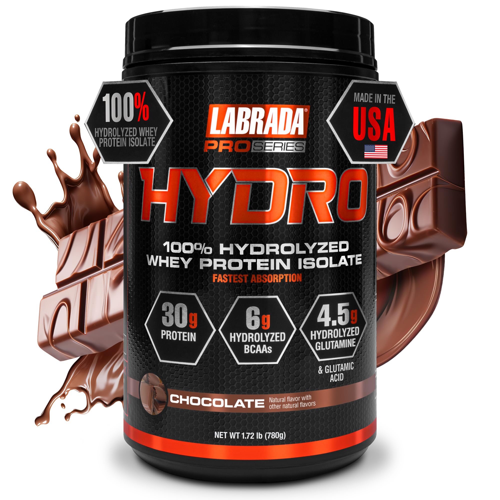 Labrada Hydro bottle highlights 100% hydrolyzed whey isolate for fast absorption