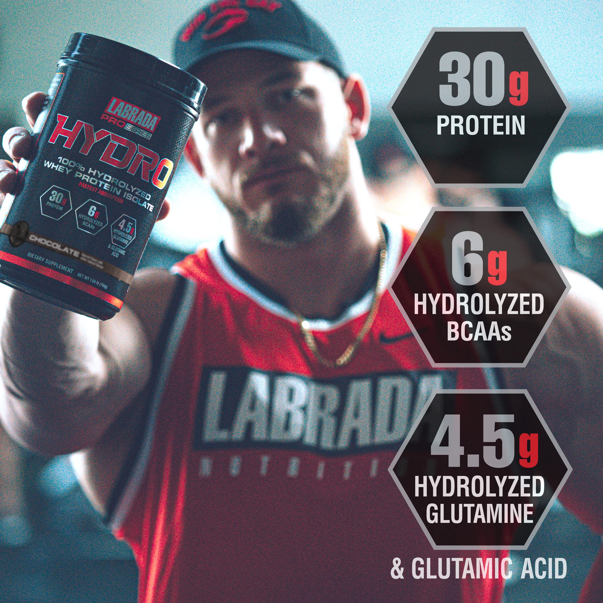 Labrada Hydro label shows 30 g protein and 6 g BCAAs for recovery