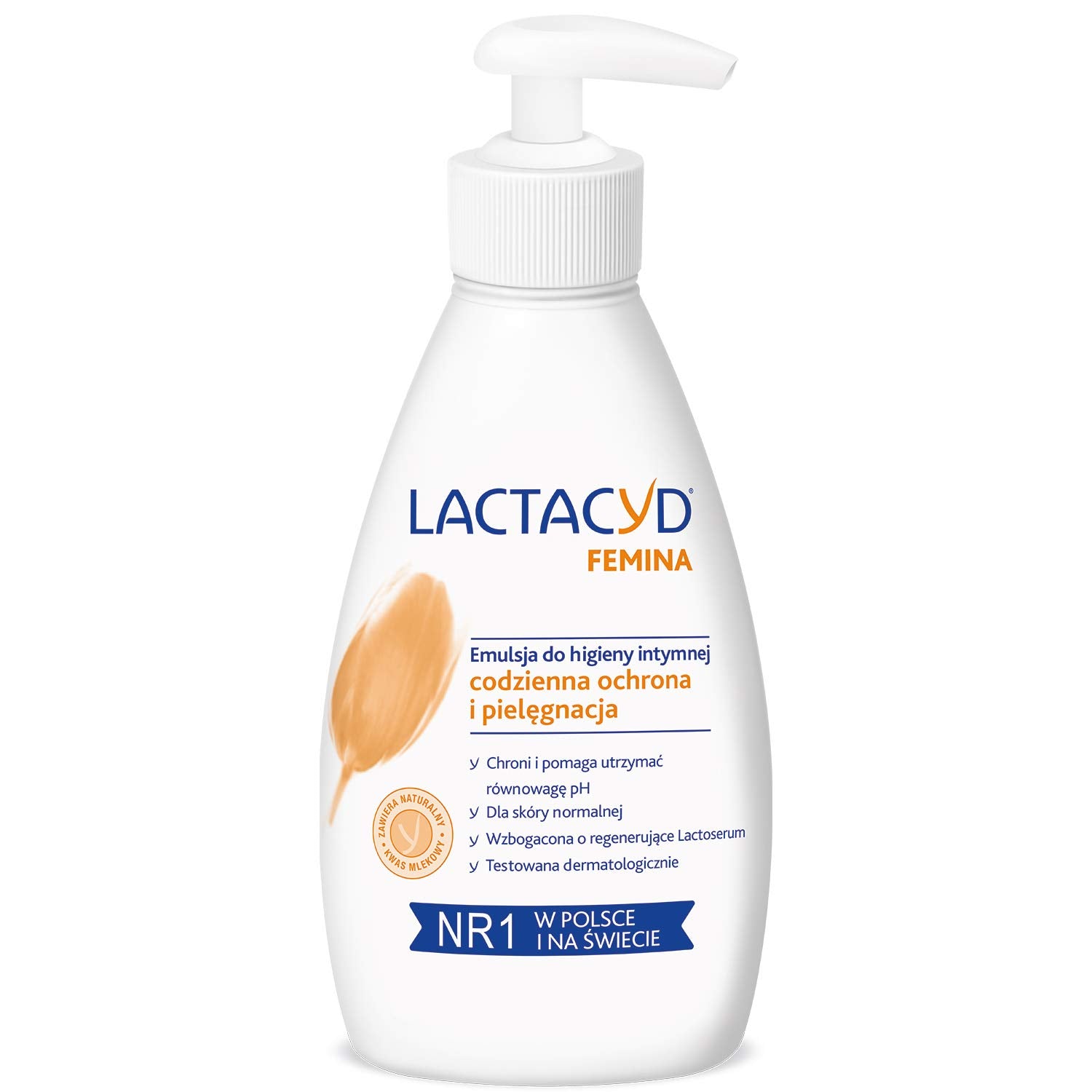 Lactacyd Femina Emulsion bottle, gentle daily hygiene.
