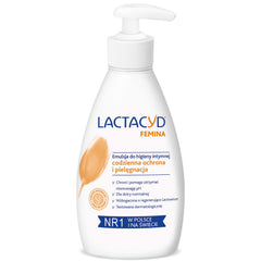 Lactacyd Femina Emulsion bottle, gentle daily hygiene.