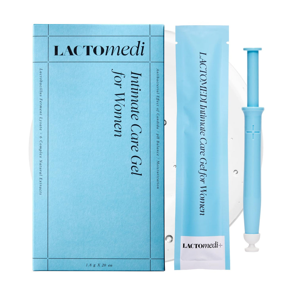LACTOMEDI Intimate Care Gel bottle front view showing easy application and pH balance support.