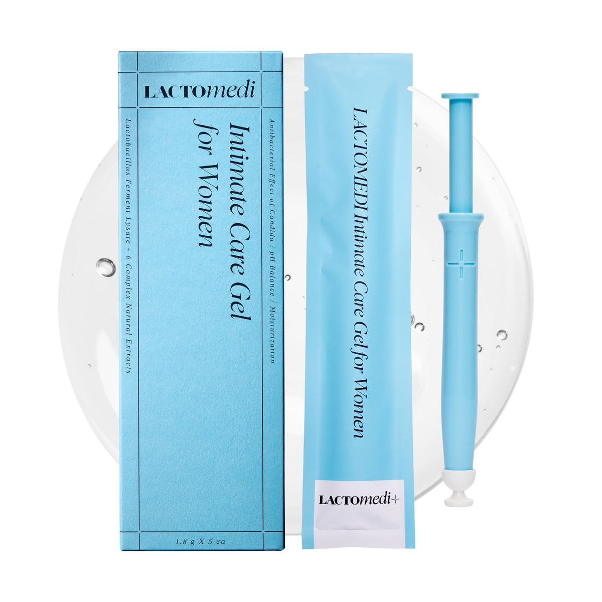 LACTOMEDI Intimate Care Gel box with 5-dose kit for convenient pH balance support.