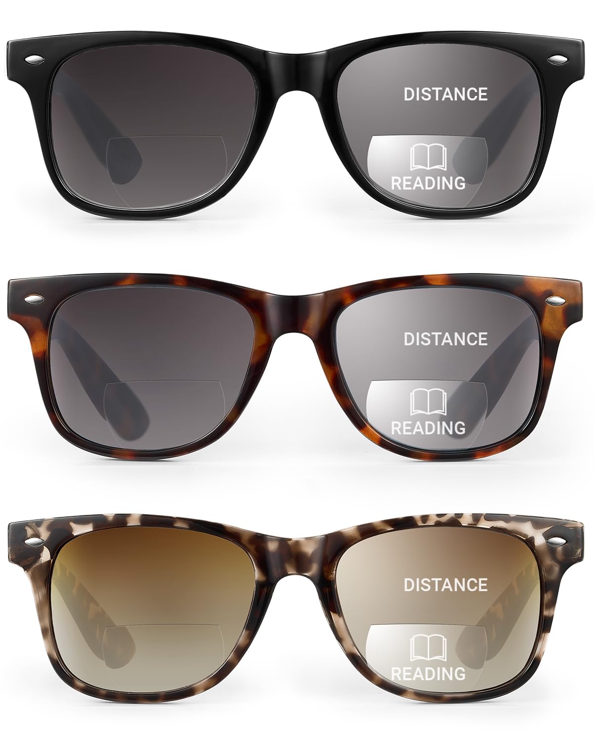 LADEESSE 3-pack bifocal sunglasses overview showing sun protection and reading support