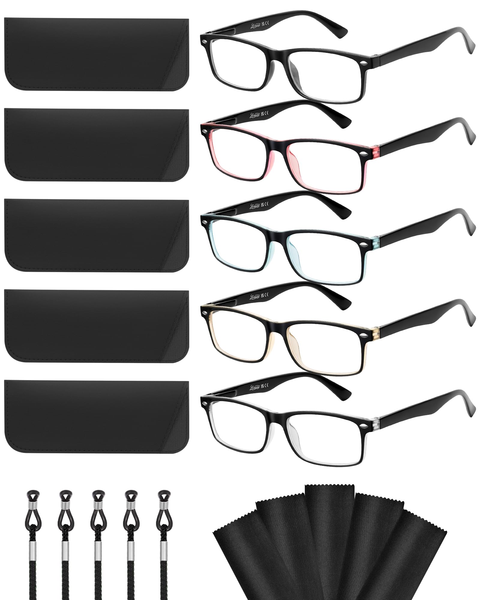 LADEESSE 5-pack reading glasses for women with blue light protection for screen time.